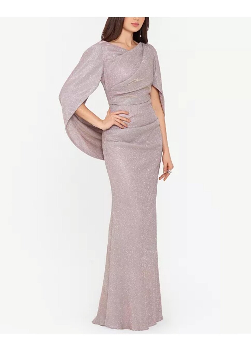 Betsy & Adam - Women's Glitter Drape-Back Cape Gown